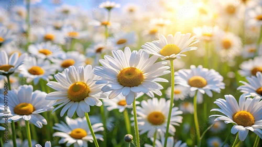 Fototapeta premium Symmetrical field of white daisies under the sun