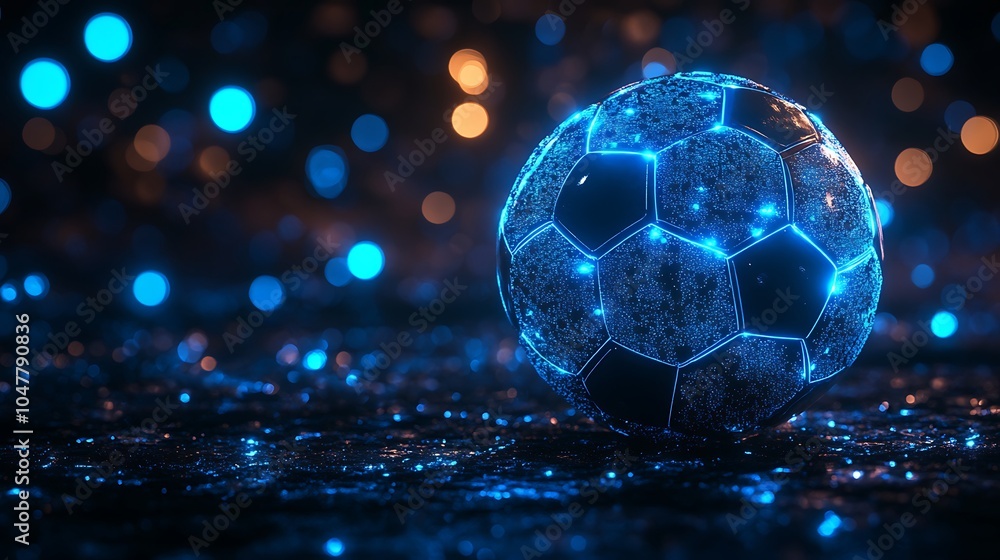 Fototapeta premium Glowing soccer ball with blue neon lights futuristic concept image