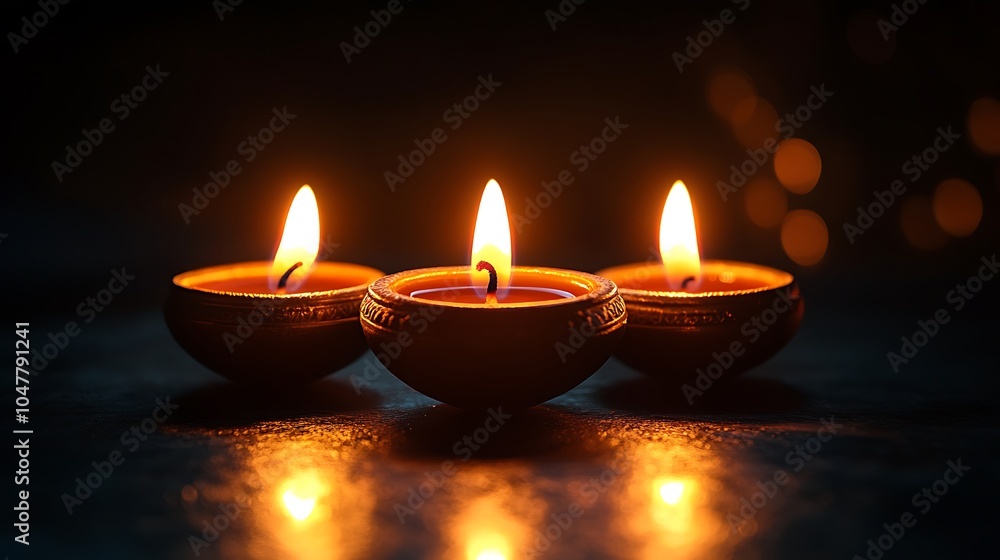 Lit traditional clay oil lamps with bright flames in dark setting image Lit traditional clay oil lamps with bright flames in dark setting image