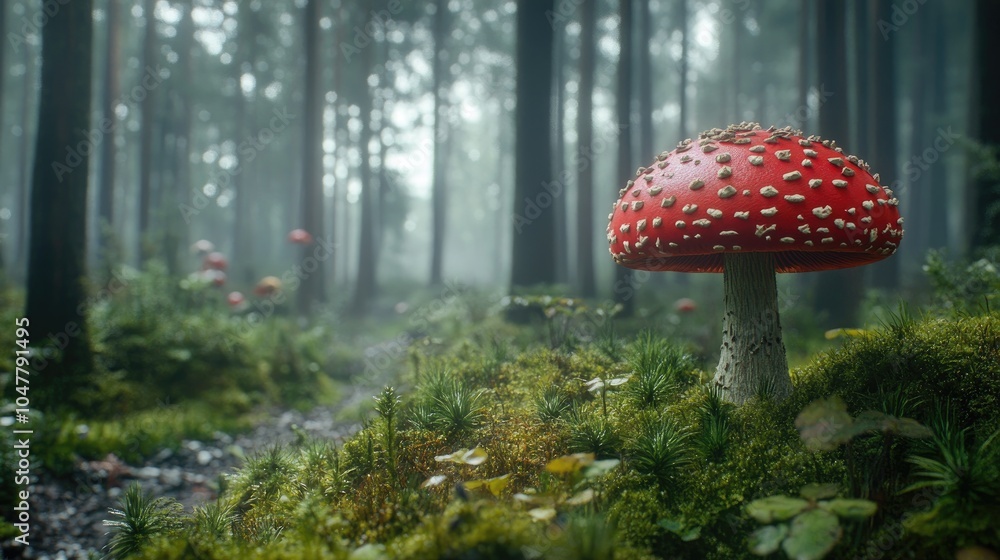 Obraz premium A red mushroom with white spots stands tall in a foggy forest. Perfect for illustrating fantasy and nature themes, especially those related to magic and enchantment.