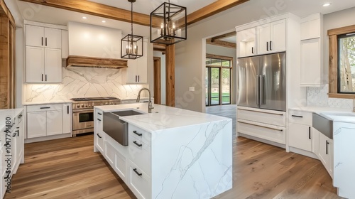Beautiful kitchen in new luxury home with waterfall island, quartz counter tops, farmhouse sink, and hardwood floors. Modern kitchen. Ultra realistic. Photorealistic
