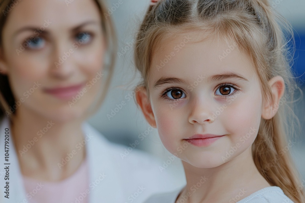 A young girl is standing in front of a woman in a white lab coat A young girl is standing in front of a woman in a white lab coat