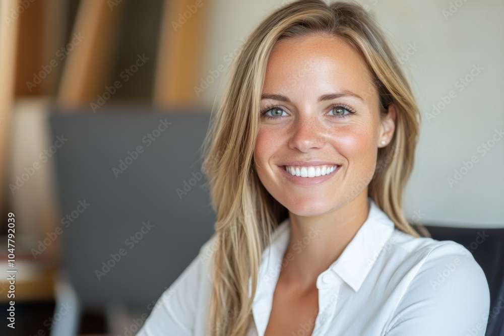 A woman with blonde hair and a white shirt is smiling for the camera A woman with blonde hair and a white shirt is smiling for the camera