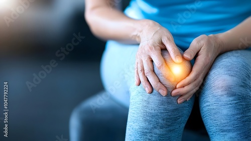 Portrait of a woman clutching her knee in anguish afflicted by osteoarthritis and joint inflammation set against a dark blurred background that highlights her physical and emotional distress photo