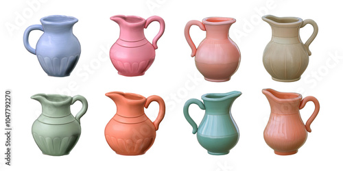 Colorful Ceramic Pitchers in Various Shapes, PNG collection, set bundle, isolate on transparent or white background photo