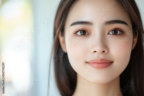 A woman with long brown hair and brown eyes is smiling