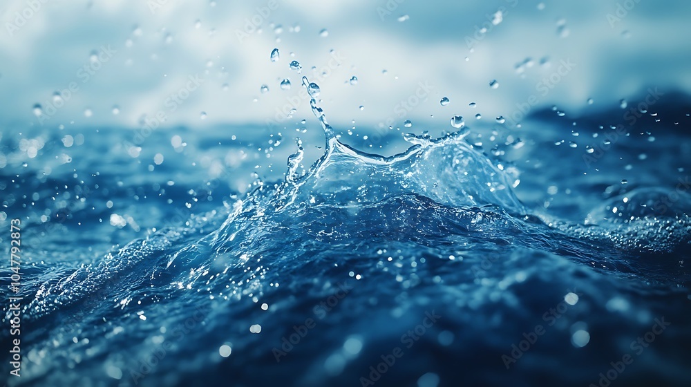 Water drop splashing into blue ocean with ripples under clear sky image Water drop splashing into blue ocean with ripples under clear sky image