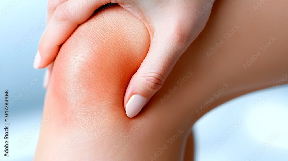 Naklejka premium Close up portrait of a woman s face showing visible signs of distress and anguish due to knee pain and swelling potentially caused by a medical condition such as osteoarthritis or a leg injury