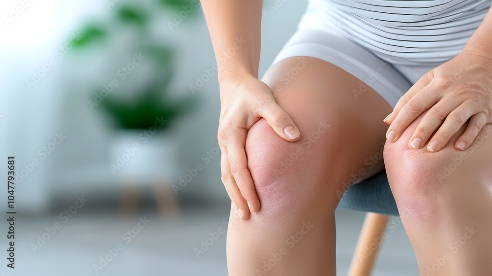 Closeup of a woman grimacing in pain and discomfort as she holds her knee suffering from osteoarthritis or some kind of injury or medical issue affecting the joint Closeup of a woman grimacing in pain and discomfort as she holds her knee suffering from osteoarthritis or some kind of injury or medical issue affecting the joint