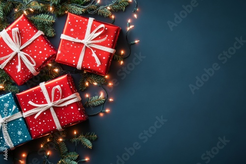 Red Christmas gifts with golden bows on a dark background. Fir branches decorated with string lights add warmth. Festive setting with glowing lights and gift boxes.