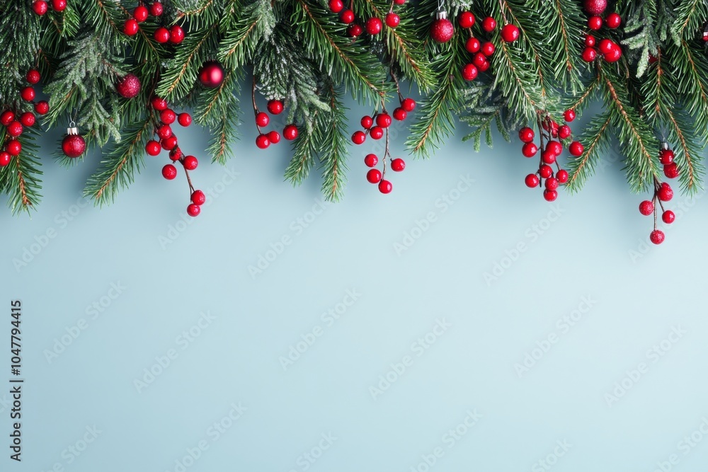 Red Christmas berries and pine branches hanging down on a soft blue background. Perfect for a seasonal holiday banner or poster. Red Christmas berries and pine branches hanging down on a soft blue background. Perfect for a seasonal holiday banner or poster.