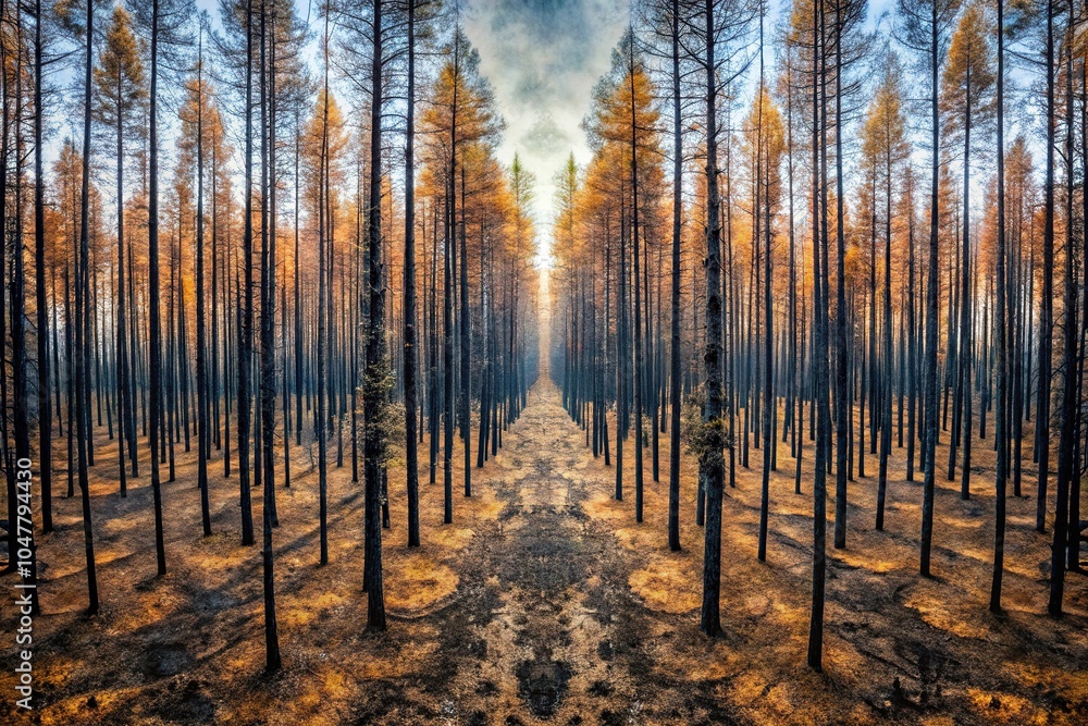 Fototapeta premium Symmetrical forest fire devastation in dense woodland