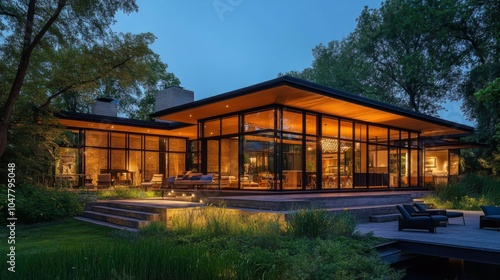 Modern Home with Glass Windows at Twilights Glow