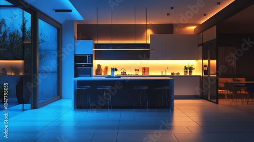 Illuminated modern luxury home showcase interior kitchen at night. Modern kitchen. Ultra realistic. Photorealistic