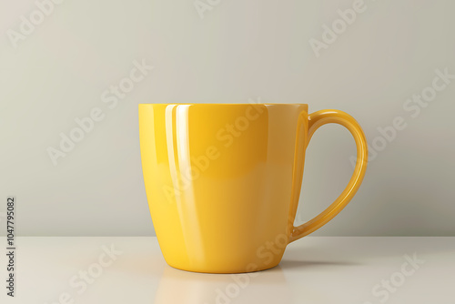 Bright yellow ceramic mug positioned elegantly on a clean, minimal surface against a soft, neutral background. photo