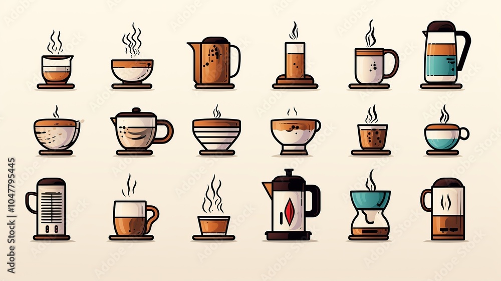 Set of 18 flat style illustrations of different coffee and tea cups, mugs, pots, and kettles. Set of 18 flat style illustrations of different coffee and tea cups, mugs, pots, and kettles.