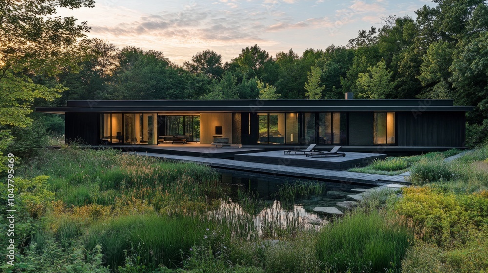 Obraz premium Modern House Surrounded by Nature at Sunset
