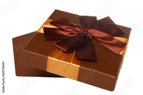 Festive gift box made of cardboard  with the lid open with a beautiful ribbon of brown color on a white background, isolated. PNG