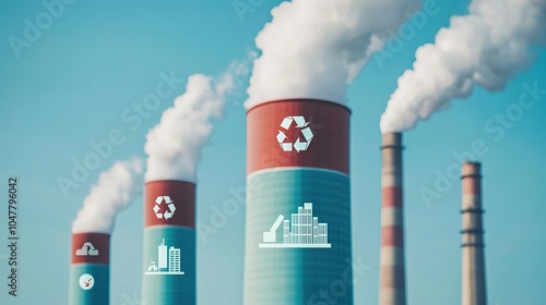 Four industrial smokestacks release white smoke against a clear sky, featuring recycling symbols, highlighting themes of pollution and sustainability. photo