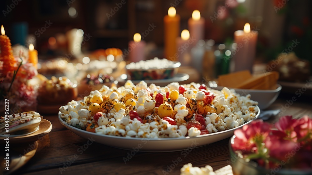 A white bowl filled with popcorn and cherry tomatoes on a wooden table with candles and other food items. A white bowl filled with popcorn and cherry tomatoes on a wooden table with candles and other food items.