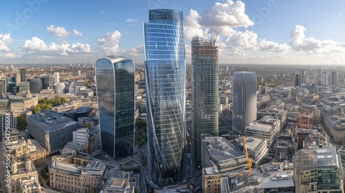 Panoramic aerial view of London's modern skyscrapers under a blue sky.