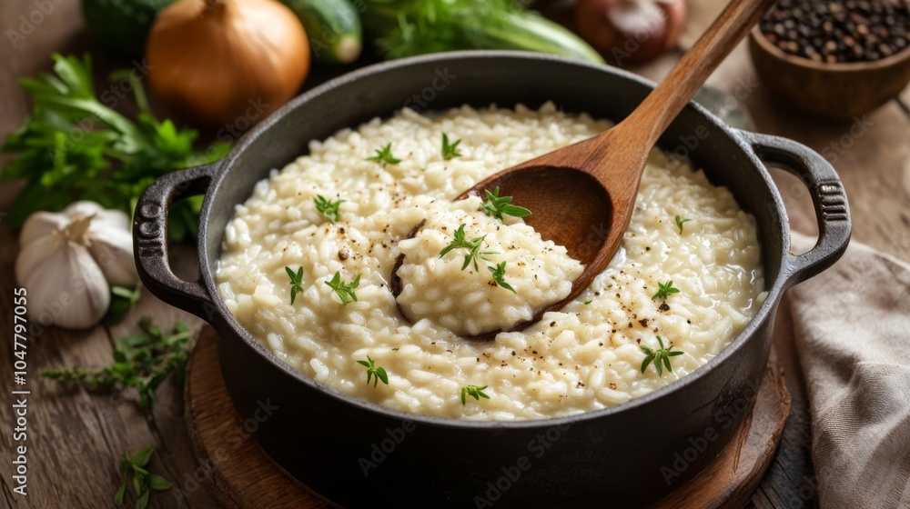 Creamy Risotto with Fresh Herbs in Cast Iron Pot Creamy Risotto with Fresh Herbs in Cast Iron Pot