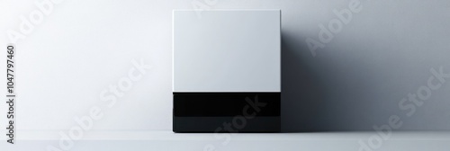 A white and black box on a white surface with a white background.