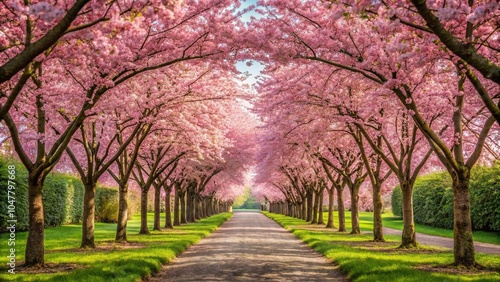 Symmetrical garden with Kanzan cherry blossoms