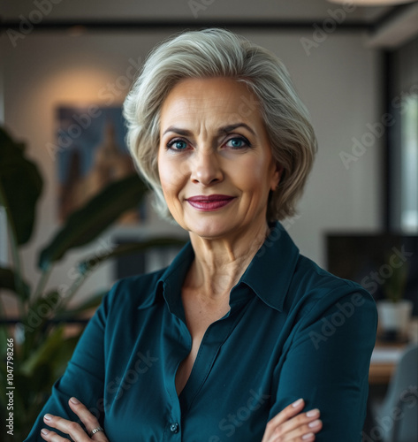 woman in her 60s or 70s with teal attire and white hair, executive assistant, tailored v-neck shirt, blurry background, studio light