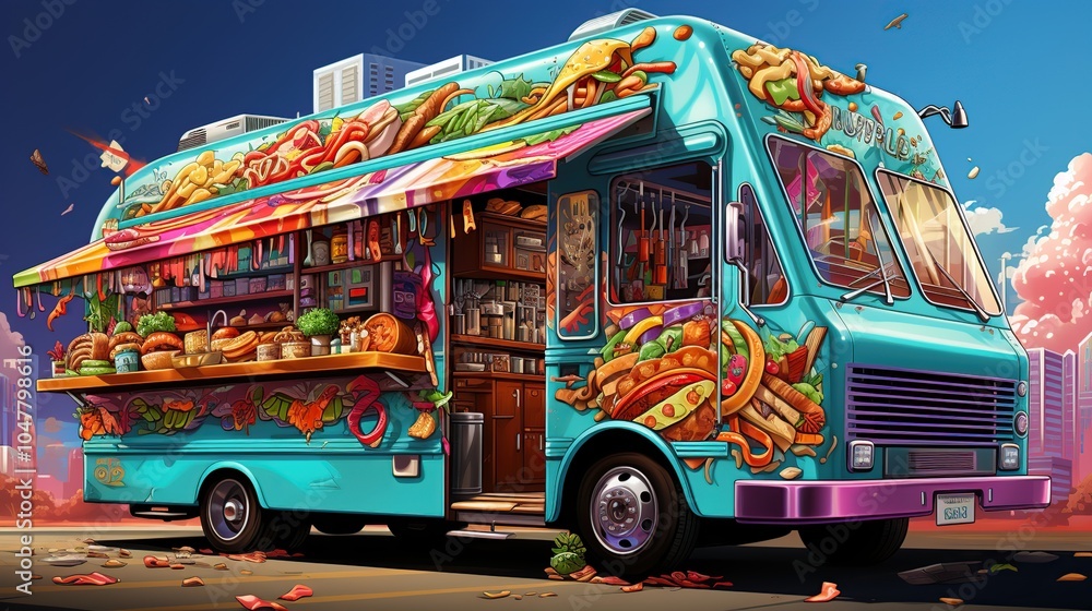 Fototapeta premium A brightly colored food truck with a variety of food items on display.