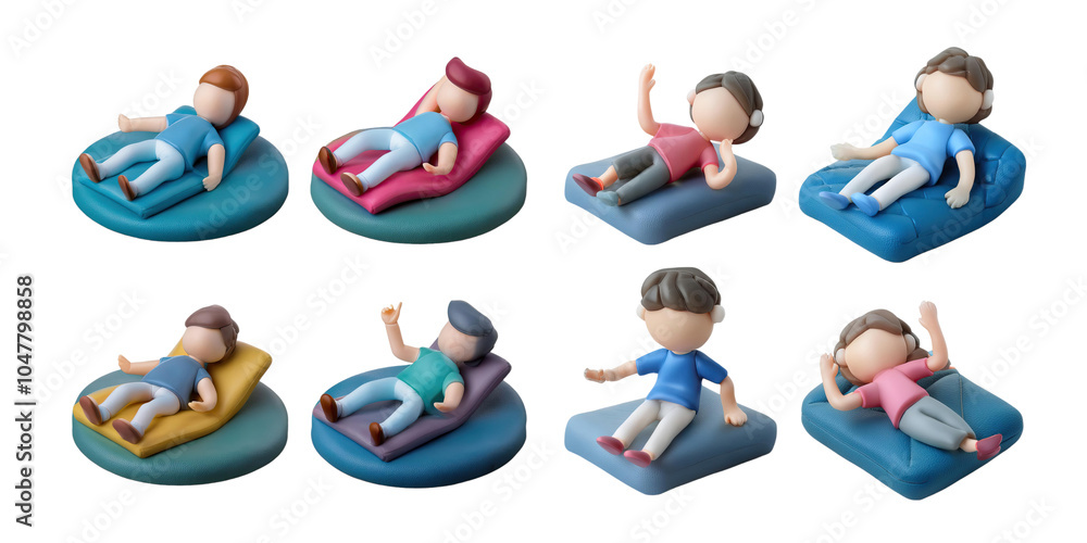 Fototapeta premium Illustrations of Cartoon Characters Relaxing on Cushions, PNG collection, set bundle, isolate on transparent or white background
