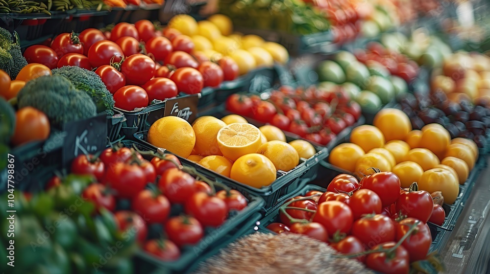 Fresh produce displayed on a market stall, including tomatoes, lemons, broccoli, and other vegetables. Fresh produce displayed on a market stall, including tomatoes, lemons, broccoli, and other vegetables.