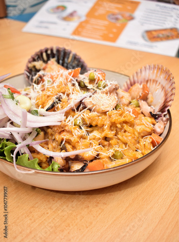 Fish ceviche and rice with seafood, traditional Peruvian dish of fish and seafood