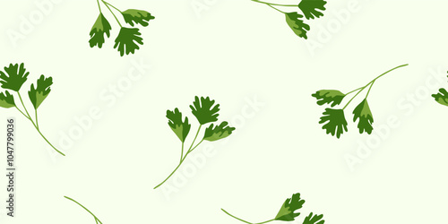 Seamless pattern with fresh parsley leaves on light green background, vector
