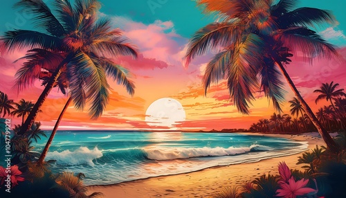 Vibrant summer beach collage at sunset framed by palm trees and gentle waves. Generative AI