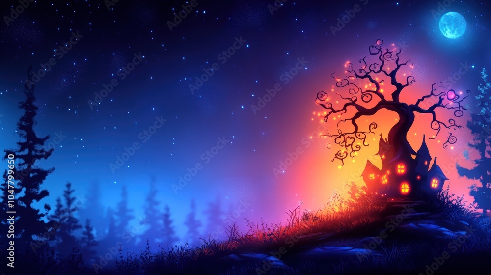A spooky Halloween tree with glowing windows stands in a moonlit forest. A spooky Halloween tree with glowing windows stands in a moonlit forest.