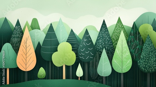A vibrant, stylized illustration of various trees in shades of green, showcasing a tranquil forest landscape.