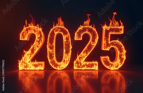 The numbers representing the year 2025 are engulfed in vibrant flames, creating a striking visual effect against a dark backdrop, representing fireworks of celebration and anticipation