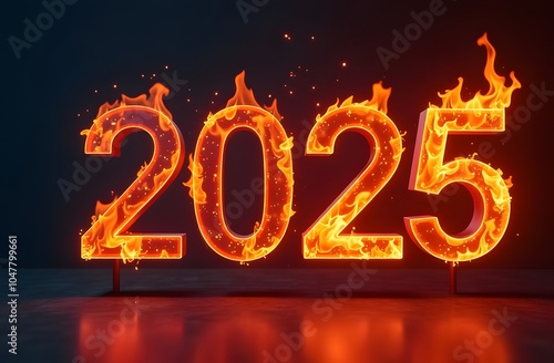 The vibrant numbers 2025 glow with flames as they stand prominently against a dark background, symbolizing the excitement of the upcoming New Year festivity