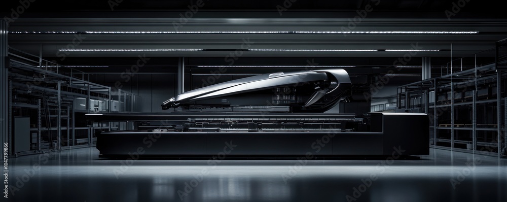 Fototapeta premium Futuristic black vehicle inside a warehouse with metal shelves in the background.