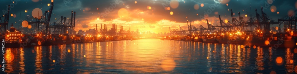 Sunset at the port with shipping containers and cranes Sunset at the port with shipping containers and cranes