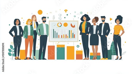 Business Team Building Goal Diverse team around vision chart, building towards success, no face, flat design illustration