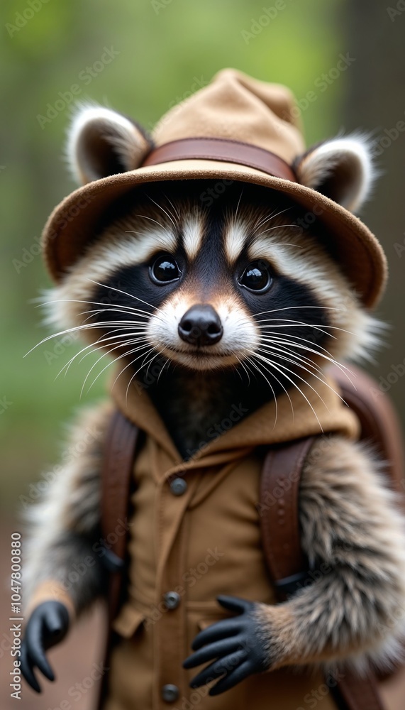 Obraz premium Charming raccoon wearing a brown hat and backpack, smiling in a forest setting, playful character design