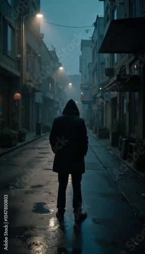 Wide-angle view of a person standing alone on a rainy street, soft streetlamp lighting enhancing solitude and mood