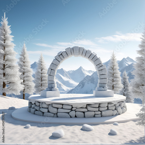 3D rendered snow covered podium in a natural winter setting featuring an ice stone structure for product showcase and advertising purposes photo