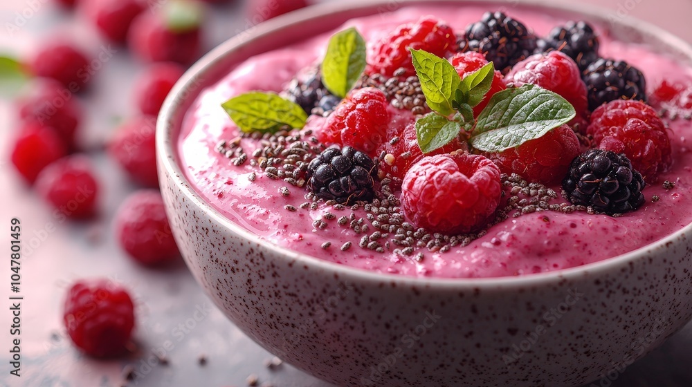 A vibrant bowl of berry smoothie topped with fresh raspberries, blackberries, and mint. A vibrant bowl of berry smoothie topped with fresh raspberries, blackberries, and mint.