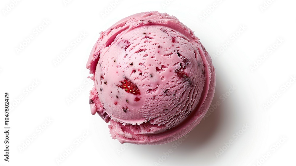 Fototapeta premium A single scoop of pink strawberry ice cream with visible strawberry chunks, isolated on a white background.