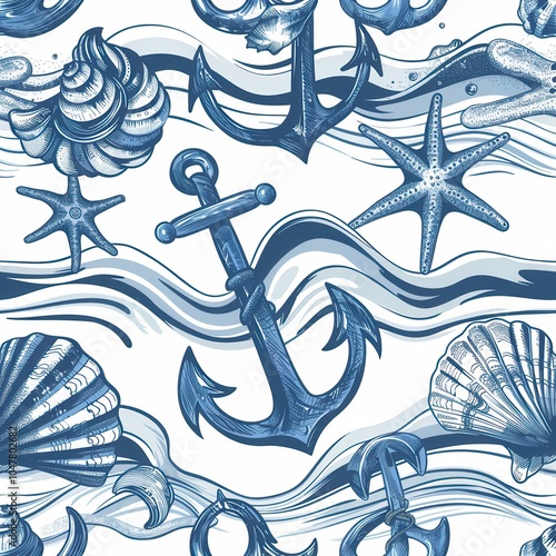 The design displays a harmonious arrangement of anchors, seashells, and starfish, capturing the essence of maritime beauty. Generative AI photo