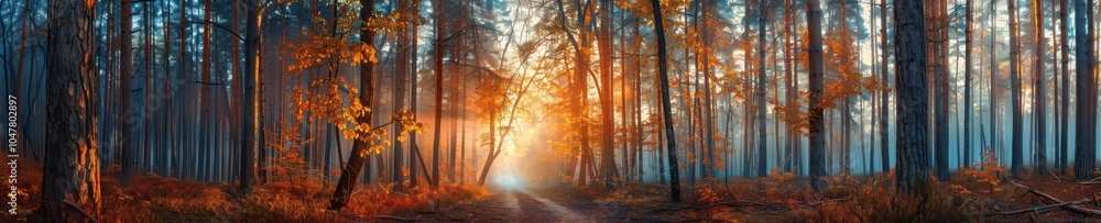 Atmospheric autumn forest with a sunlit path covered in orange leaves, creating a magical setting. Free copy space for banner. Atmospheric autumn forest with a sunlit path covered in orange leaves, creating a magical setting. Free copy space for banner.