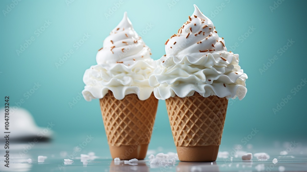 Two vanilla ice cream cones with chocolate sprinkles on a blue background. Two vanilla ice cream cones with chocolate sprinkles on a blue background.